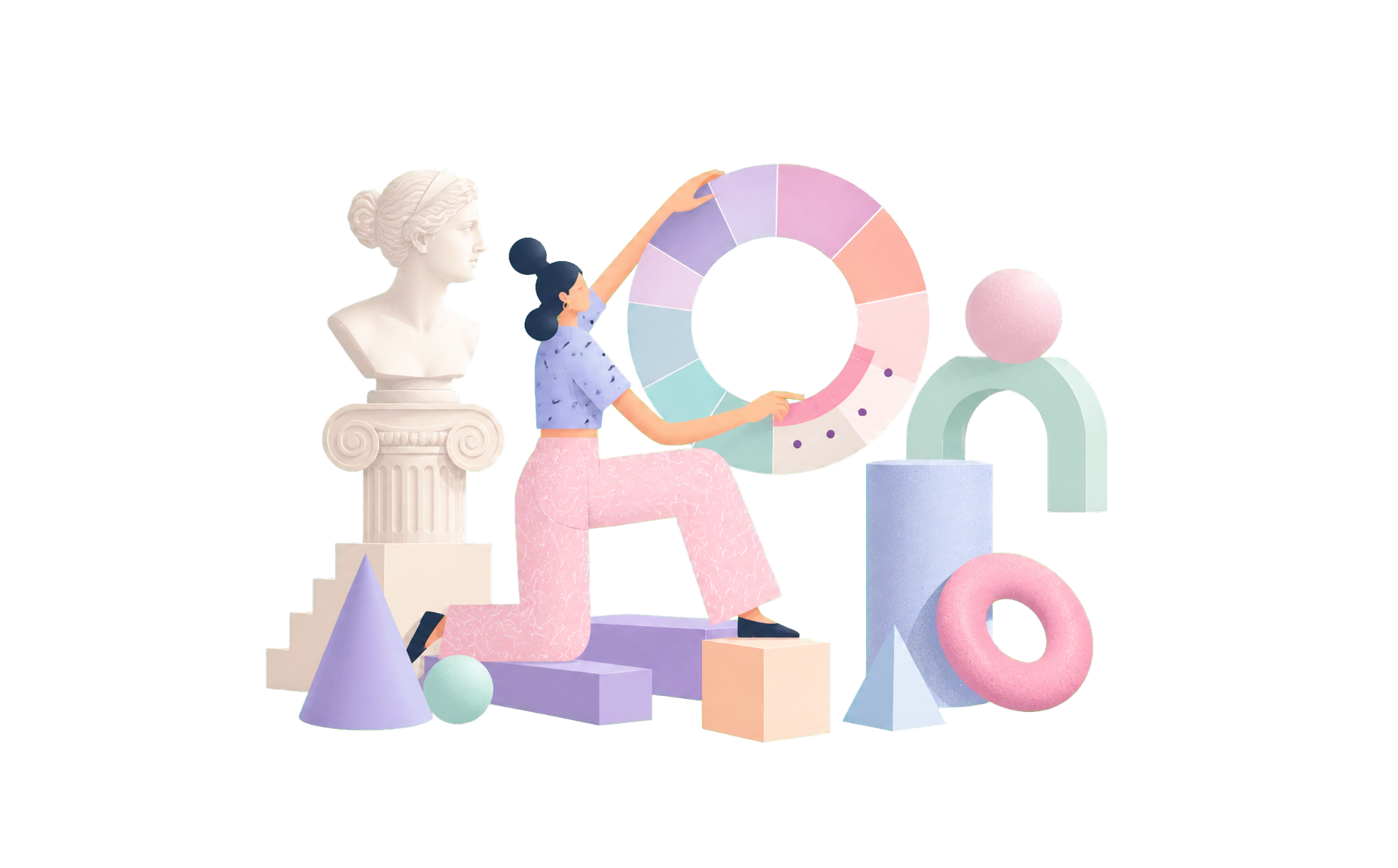 Ilustração editorial de uma pessoa a organizar um diagrama circular do ciclo menstrual