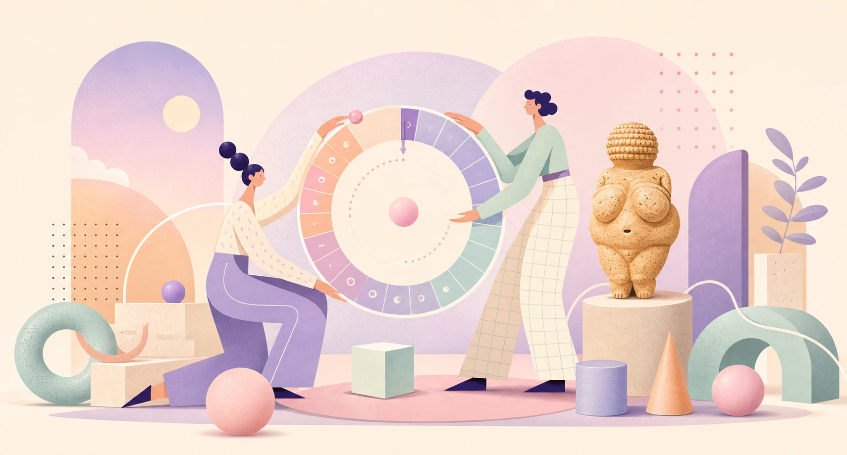 Ilustração editorial de calendário menstrual com referência à Vénus de Willendorf